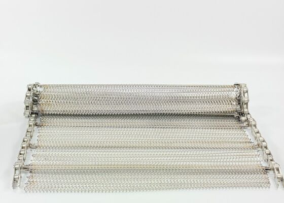 Cinta de malla tejida de acero inoxidable equilibrada con cadena de rodillos para transportador, cinta transportadora de limpieza de verduras de grado alimenticio