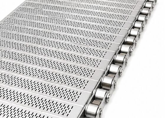 Cinturón transportador de placas perforadas de acero inoxidable con cadena de rodillos para sistemas de transporte industrial